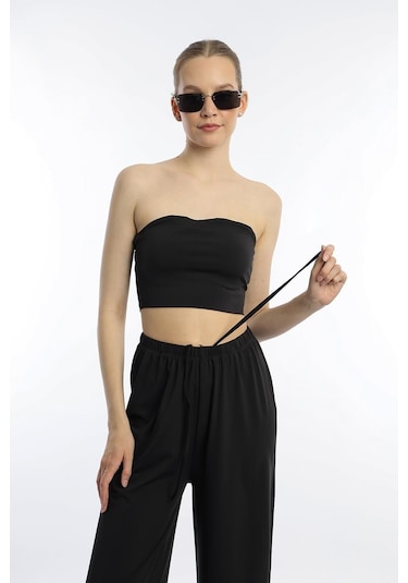 Quhox Kadın Allegro Kumaş Askısız Crop Top Siyah