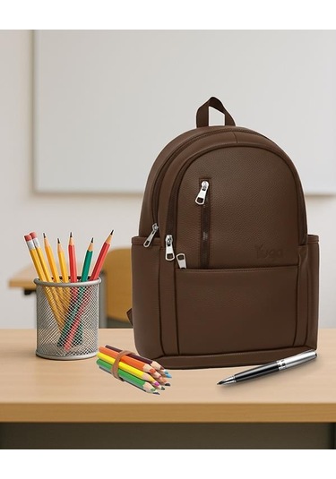 Yuga Suni Deri Dört Gözlü Sırt Çantası Kahverengi kahverengi