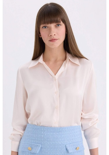 Defacto Regular Fit Basic Düz Saten Uzun Kollu Gömlek E1783ax24wner194 Ekru