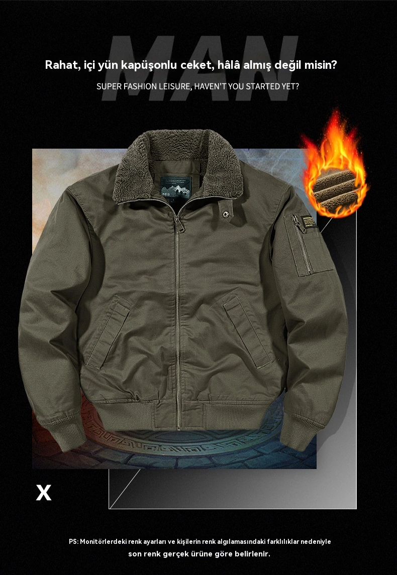 Açık Hava Erkek Kış Sıcak Moda Artı Polar Bomber Ceket Siyah