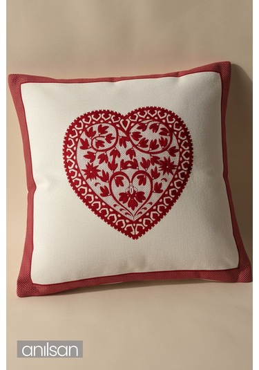 Kalp Desenli Çift Taraflı Kırlent Kılıfı - 45x45 Cm Yılbaşı Dekoratif Kırmızı - Beyaz