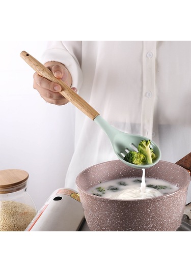 Symbee Ahşap Saplı 11 Parça Silikon Mutfak Gereçleri Seti - Anti Yapışkan, Isı Dayanıklı, Kolay Temizlenir, Gri Renkli Kova İle Tam Zamanlı Pişirme Araçları