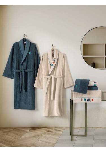 Cotton Box Puff Nakışlı Aile Bornoz Seti Gaja Bej-petrol Diğer