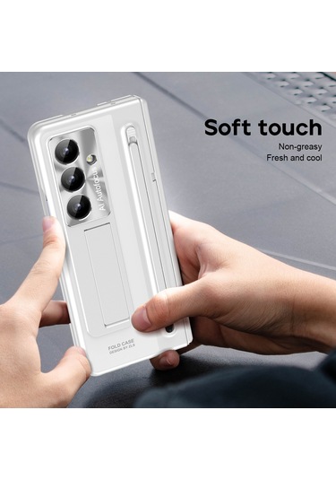 Samsung Galaxy Uyumlu Z Fold7 5g Kılıf Destekli Menteşeli Pc Telefon Kılıfı Temperli Cam Filmi Ve Kalem - Beyaz Beyaz
