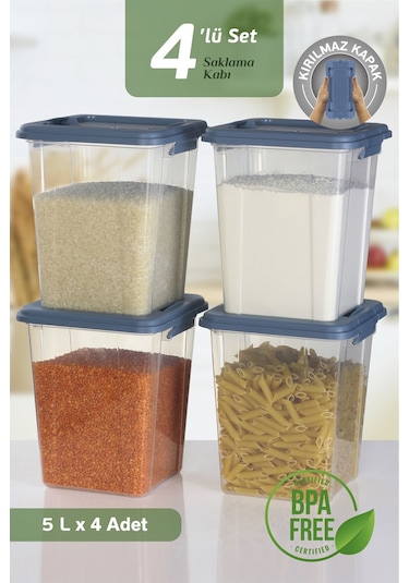 4'lü Organizer Box 5 L Un Bakliyat Erzak Kabı - Kilit Kapaklı Düzenleyici Deterjanlık Saklama Kutusu Mavi