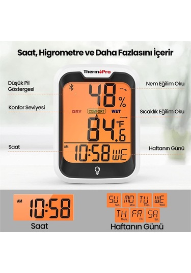 ThermoPro TP358 Telefon Kontrollü, Saatli, Takvimli, İç Mekan Sıcaklık ve Nem Ölçer Termometre