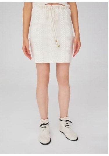 Peraluna Saç Örgü Desenli Kadın Triko Etek Ekru