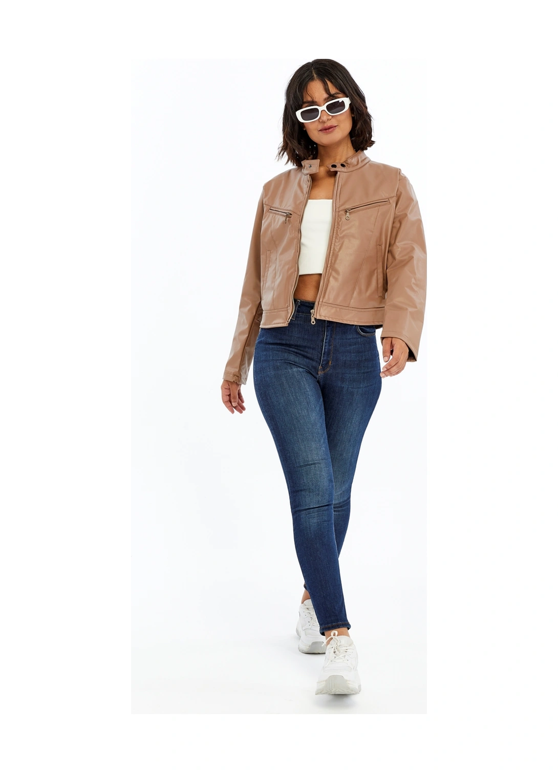 Kadın Deri Ceket Niş Kompakt Tasarım Mont Günlük Kullanım Fermuar Hakim Yaka Şık Ceket Pudra