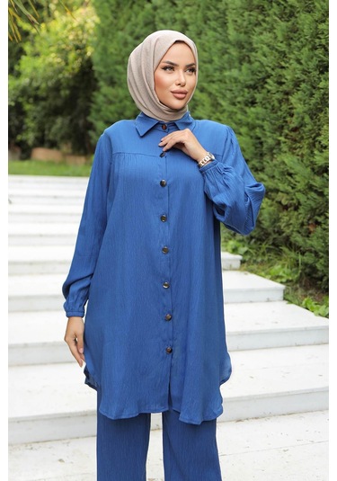 Büzgü Detaylı Tesettür İndigo Takım I Ndigo