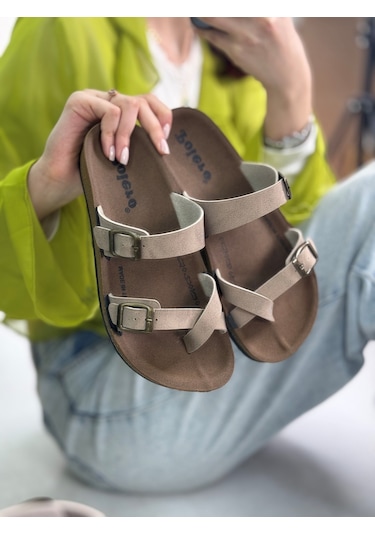 Tek Parmak Arası Kadın Terlik Rahat Ortopedik Mantar Taban Ayarlanabilir Metal Tokalı 34147 Bej