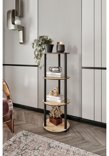 4 Katlı Dekoratif Yuvarlak Kitaplık Meşe Meşe