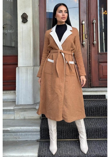 Taba Çift Taraflı Kruvaze Yaka, Kuşaklı, Yumoş Dokulu, Duble Kaşe Uzun Ceket Taba