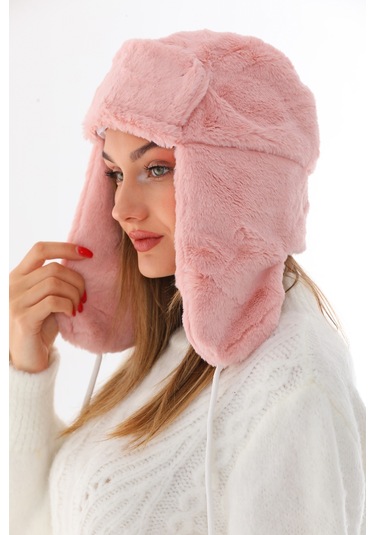 Kadın Pudra Kürklü Kulaklıklı Peluş Şapka Pudra