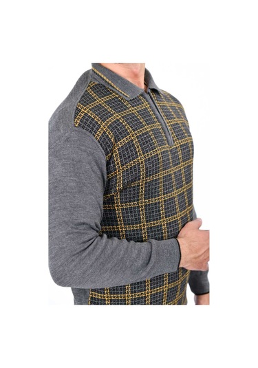 Kamalı Yakalı Baba Kazak Çizgili Baba Kazak Baba Triko Yakalı Erkek Kazak Polo Yaka Gri