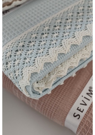 %100 Pamuk Çift Kişilik İki Renkli Kopanaki Dantelli Waffle Pike-210x230 Cm-bebe Mavisi Bebe Mavisi