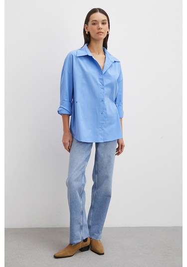 Düğme Detaylı Pamuklu Gömlek Mavi Mavi