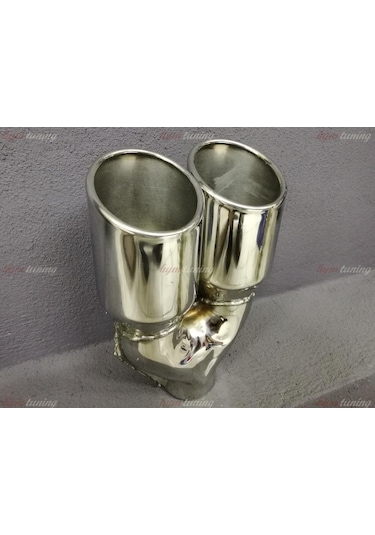 Yuvarlak Eğik Ağız 90mm Çift Çıkış Egzoz Ucu. Paslanmaz Krom