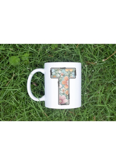 T Harfli Pastel Çiçek Desenli Kahve Kupası - Kişiye Özel Çiçekler Koleksiyonu Bardak - Hediye Beyaz