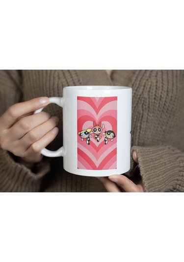 Powerpuff Girls Kalpli Pembe Desenli Kupa Bardak - Kız Gücü Temalı Hediye - 3lü Grup Beyaz