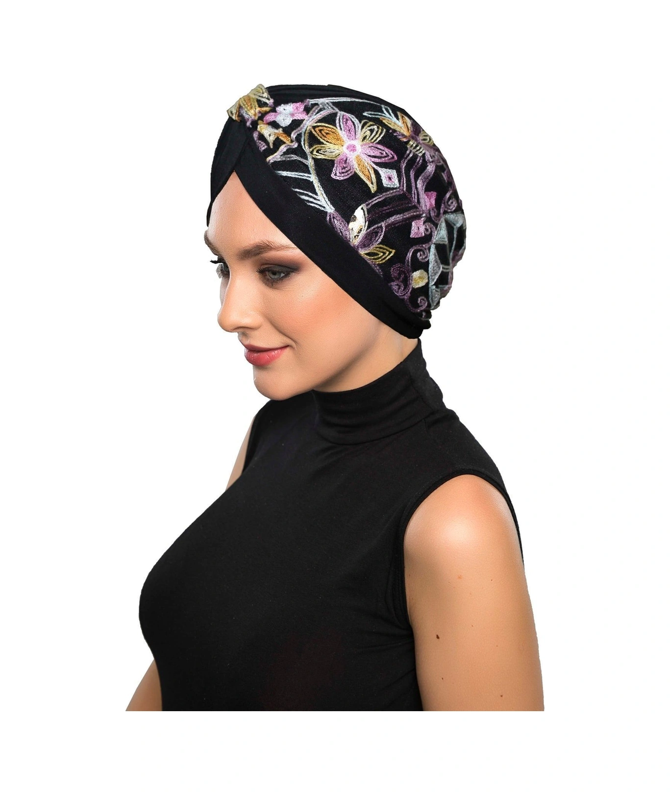 Otantik Nakış Motifli Astarlı Hazır Türban Tesettür Bone Siyah Motif 7