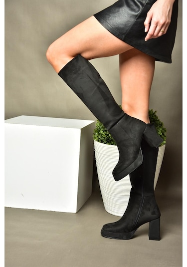 Fox Shoes R282230102 Siyah Süet Platform Kalın Topuklu Kadın Çizme Siyah