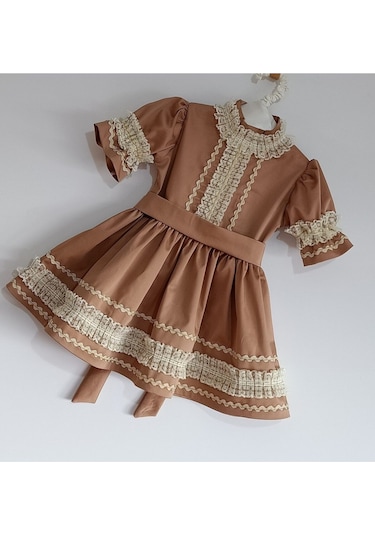 Kız Bebek Kahverengi Vintage Fistolu Elbise Karamel