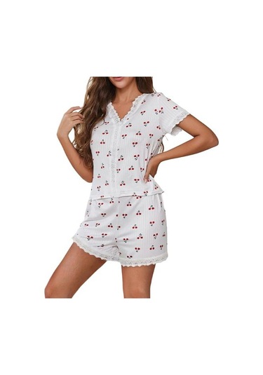 2 Adet/set Pijama Takımı Dantel Eklemeli V Yaka Kısa Kollu Üst Kiraz Baskılı Konfor Ev Giyim Kıyafeti Günlük Üst Şort Pijama Takımı Beyaz