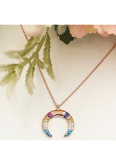 Renkli Zirkon Firuze Taşlı Hilal Kolye Rose - Gold -  Gümüş