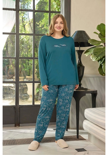 Aydoğan Kadın İnci Büyük Beden Being Myself Petrol Pijama Takım 0654 Petrol