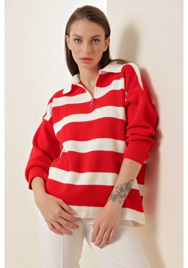 Gabria Fermuarlı Çizgili Kazak Kırmızı