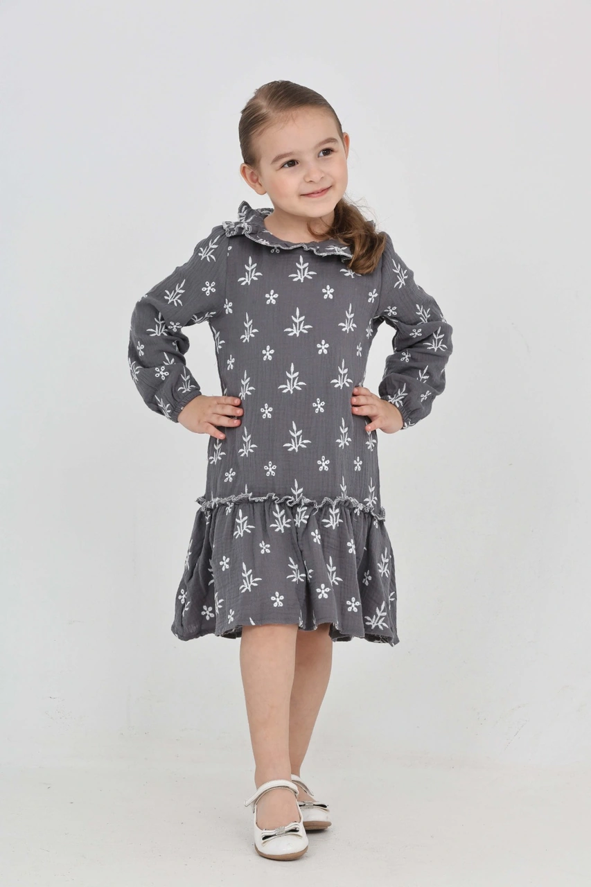 Toontoy Kız Çocuk Çiçek Nakışlı Bebe Yaka Elbise Füme