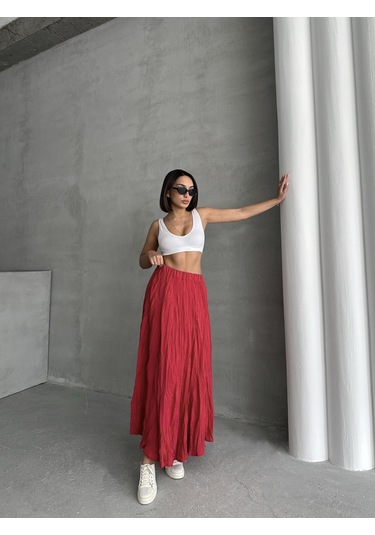 Kadın Buruşuk Modal Dokulu Soft Uzun Etek Kırmızı Kadın Buruşuk Modal Dokulu Soft Uzun Etek Kırmızı