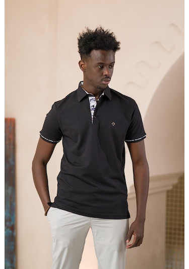 Paul Martin Regular Fit Yaka Garnili Pamuklu Polo Yaka T-shirt Siyah
