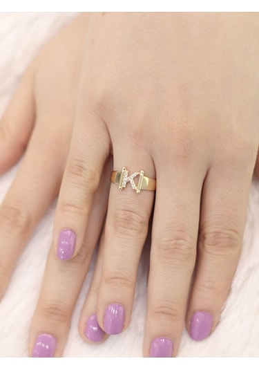 14 Ayar Altın Küçük K Harfli Taşlı Yüzük