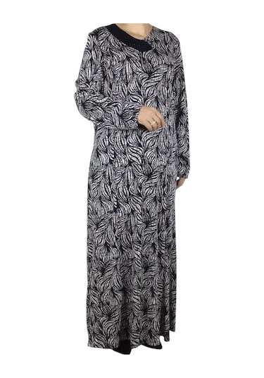 Kadın Desenli Oskar Kumaş Kulplu Elbise Lacivert