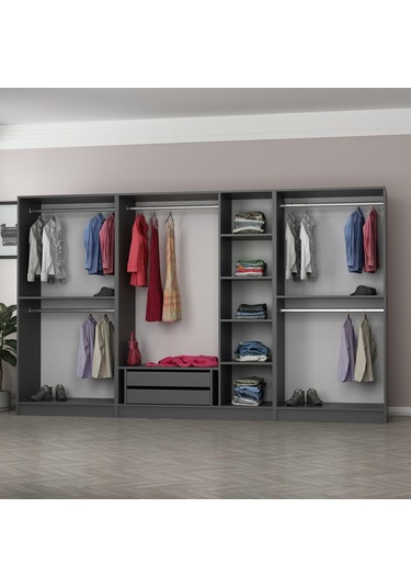 Minar Kale 7 Kapaklı 5 Aynalı 2 Çekmeceli Dolap Antrasit Dore 190cm Çok Renkli