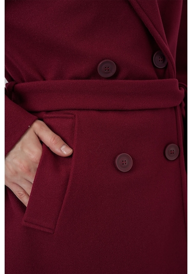 Kadın Kuşaklı Kaşe Kaban 9161 - Kırmızı Kırmızı