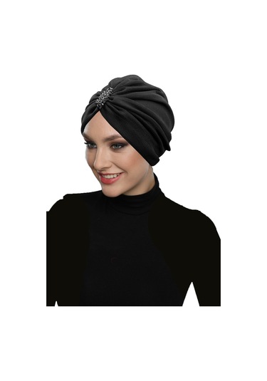 Dizayn Tüllü Kristal Taş İşlemeli Çift Taraflı Astarlı Siyah Hazır Türban Tesettür Abiye Bone Siyah