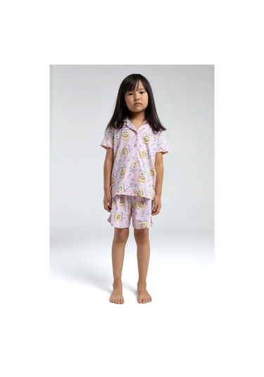 Toontoy Kız Çocuk Komple Baskılı Düğmeli Şortlu Pijama Takım Pembe