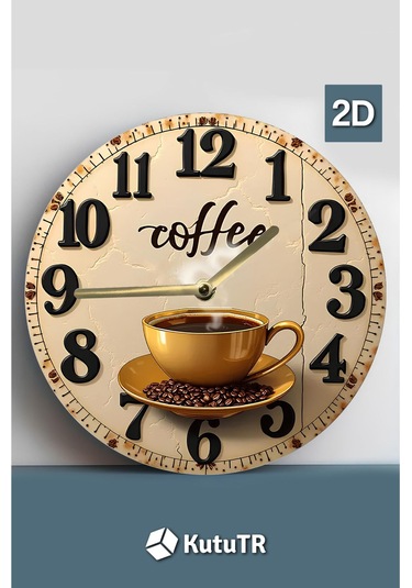 Sessiz Yuvarlak Ahşap Duvar Saati, Kuvars Coffe Desen 2d Sdw028 Renkli
