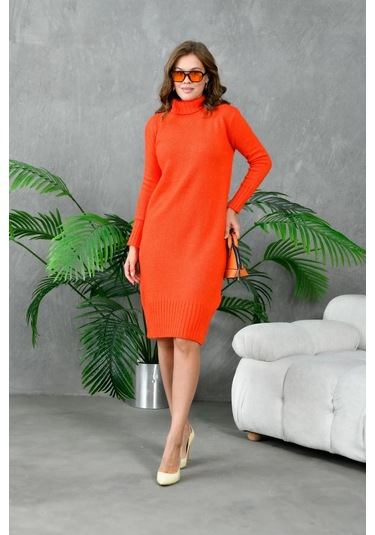 Kadın Balıkçı Yaka Kışlık Triko Elbise Nar