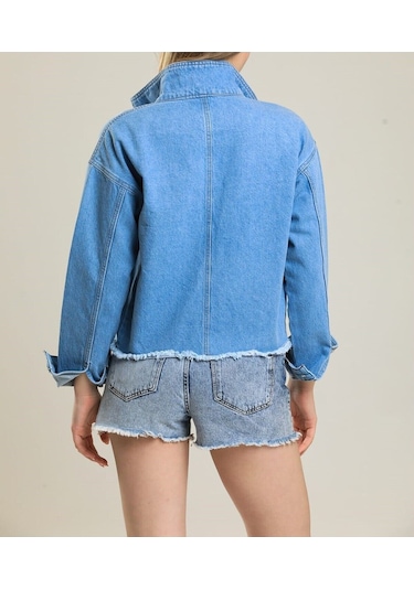 7014 Kadın Kadın Düğmeli Jeans Denim Kot Ceket Siyah