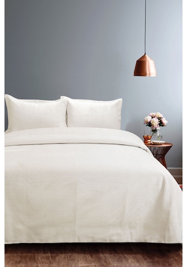 Lidia Kadife Çift Kişilik Yatak Örtüsü Takımı - Krem