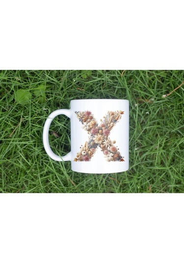 X Harfi Çiçek Desenli Kupa Bardak - Alfabe Harfleri İle Doğal Çiçekli Kupa - Hediye Fikir Beyaz