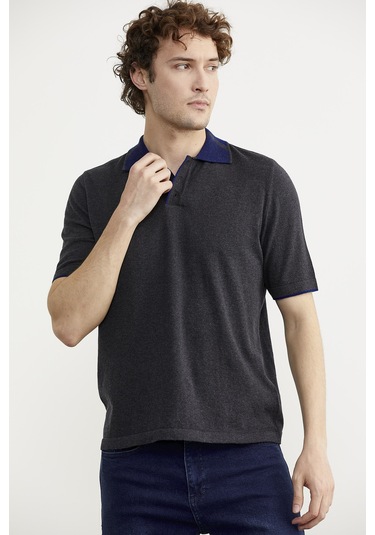Pamuk Polo Yaka Kısa Kol Triko Tişört - Antrasit Antrasit