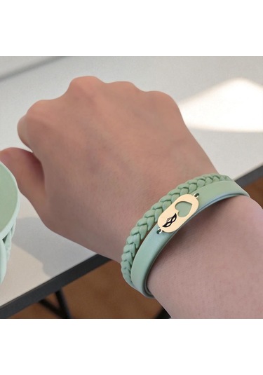 Archin Bal Maske Temalı 14 Ayar Altın Plakalı Zeytin Yeşili Derili Kalp Motifli Hediye Bileklik-556sembol Bal Maske