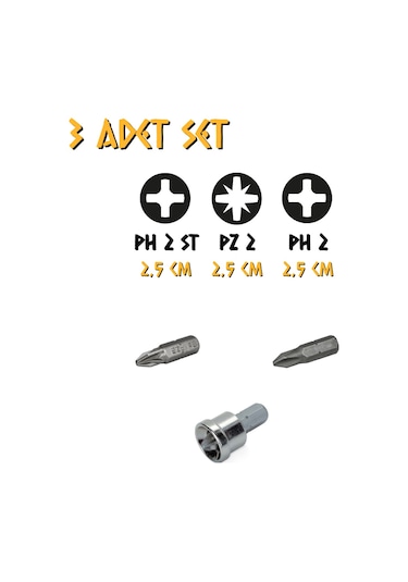 Kupa Tyson Bits Uç Seti 3 Parça - Ph2 - Pz2 - Ph2 Stoplu - 2.5 Cm.