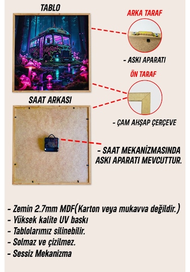 Retro Otobüs Uv Baskılı Mdf Tablo Seti Ahşap Çerçeveli 3 Lü Kombin Saatli Renkli