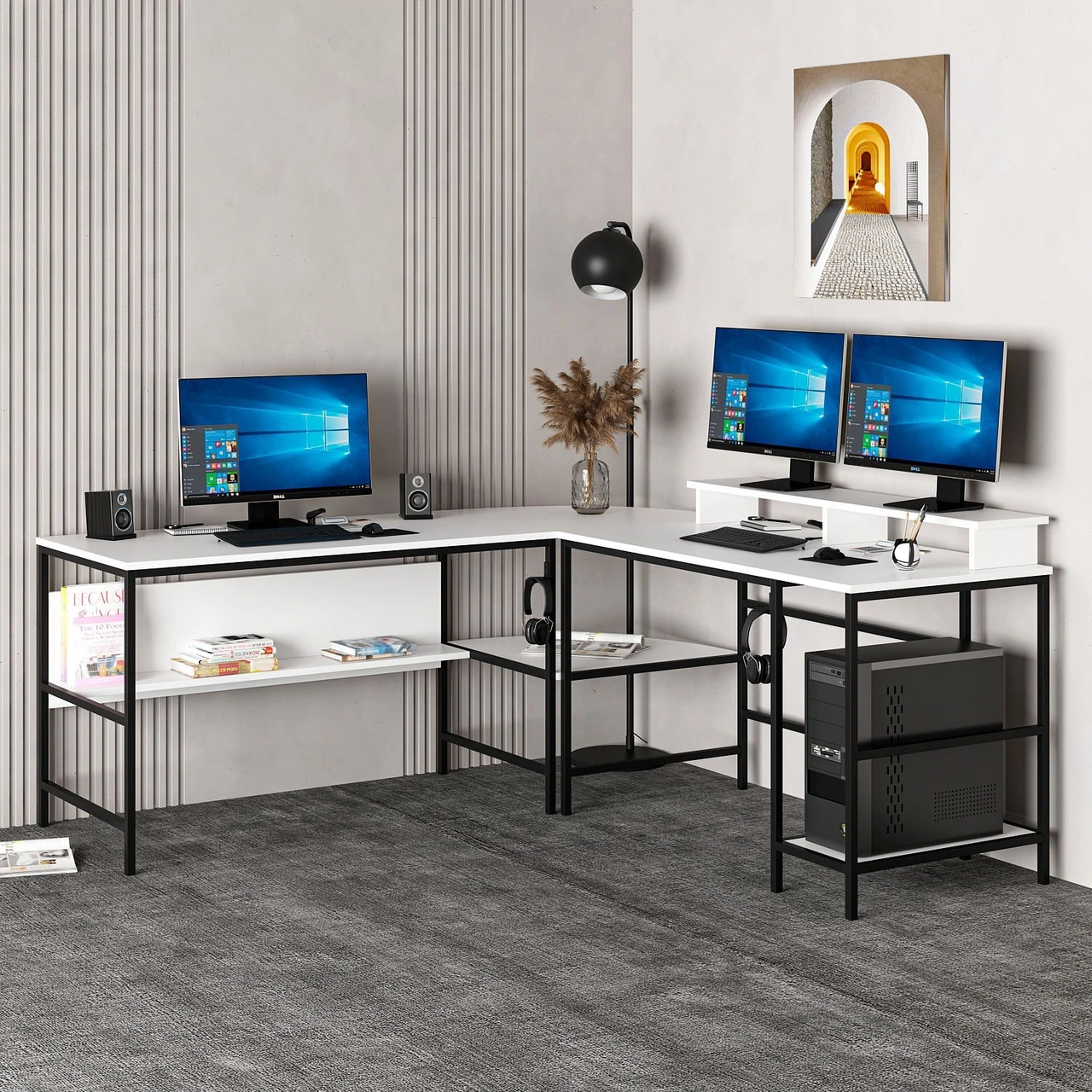 Minar Greta Raflı L Köşe Çalışma Masası - Beyaz Beyaz