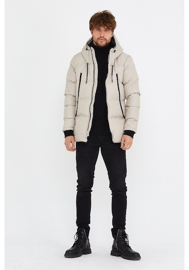 Erkek Taş Dar Kesim Kapüşonlu Dik Yaka Şişme Mont & Kaban-Taş